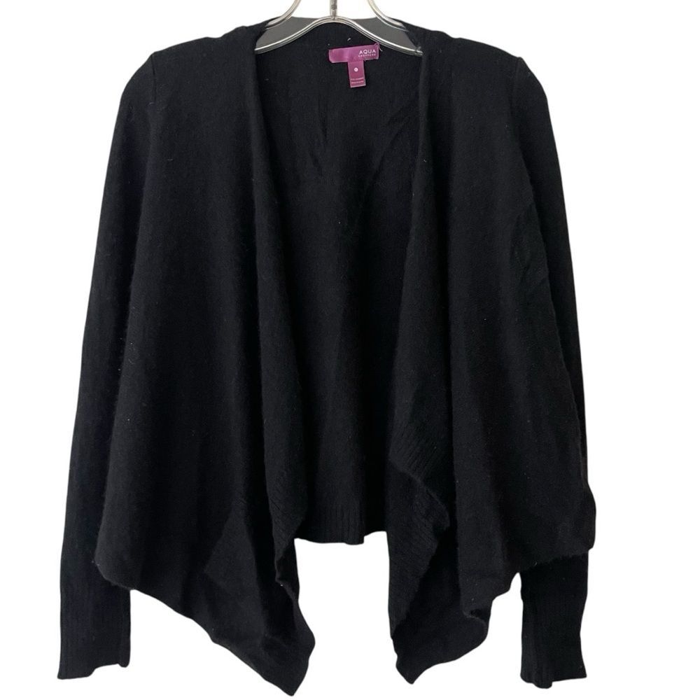 AQUA Woman's Cardigan Cashmere Open Black Office Siren Preppy with pockets